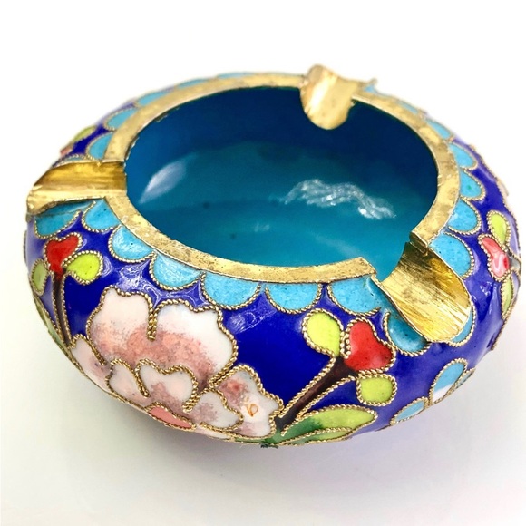 Vintage China Bronze Cloisonne Enamel Flower Dynasty Palace Regis Ashtray - Picture 2 of 11